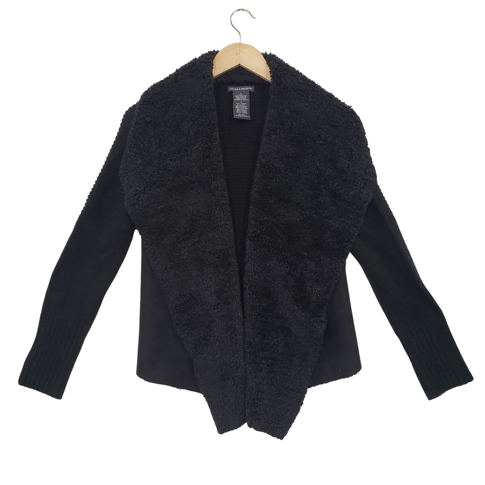 Chelsea &‎ Theodore Black Cozy Faux Fur Collar Cardigan Sweater Size S Mob Wife